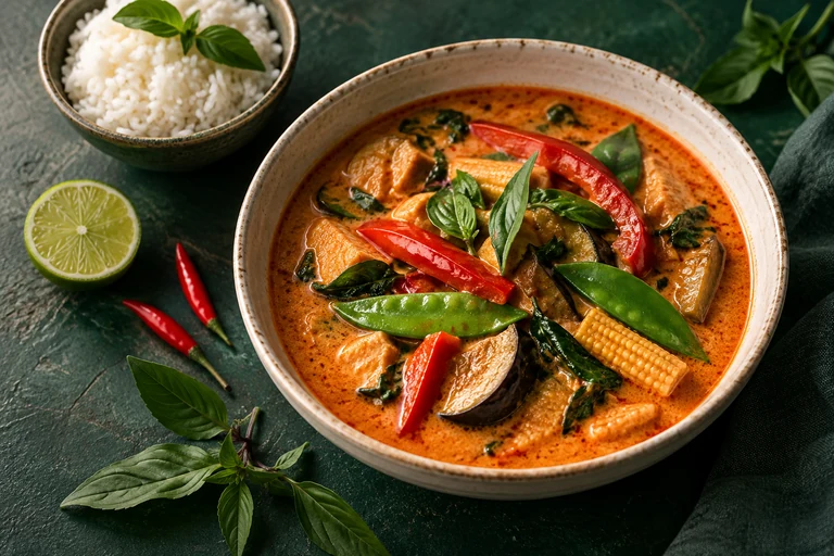 Serving inspiration: a red coconut curry with vegetables and rice